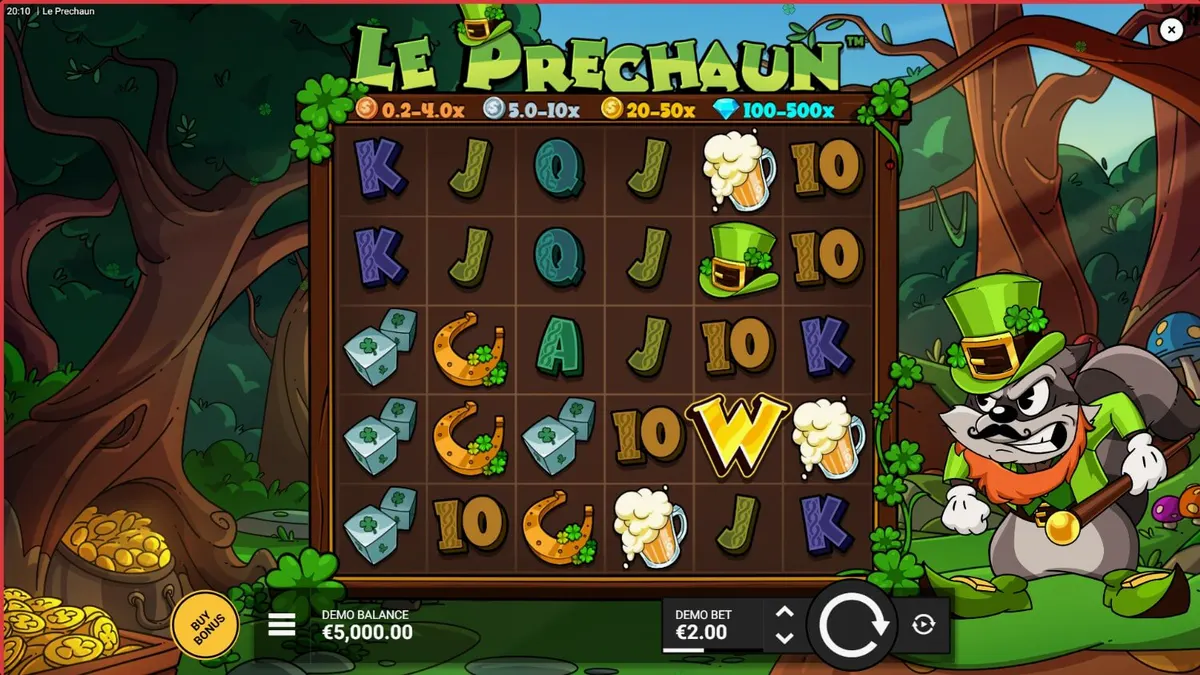 Le Prechaun slot game interface na may raccoon character