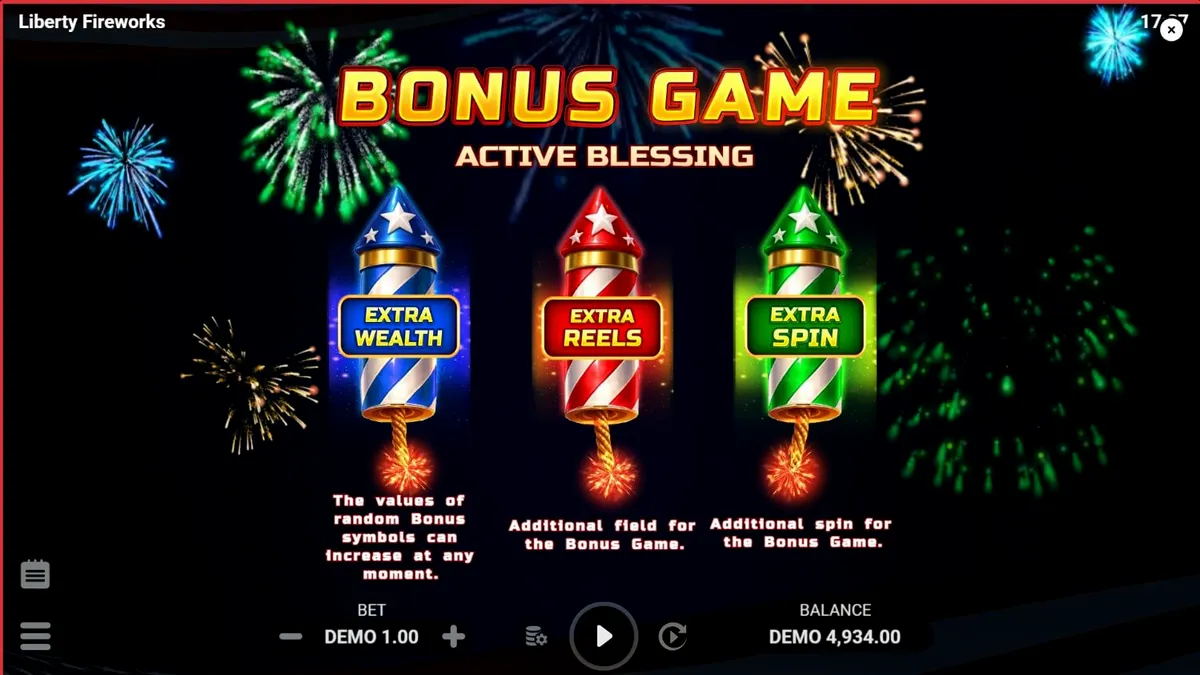 Liberty Fireworks 3 Pots slot game logo at makulay na background